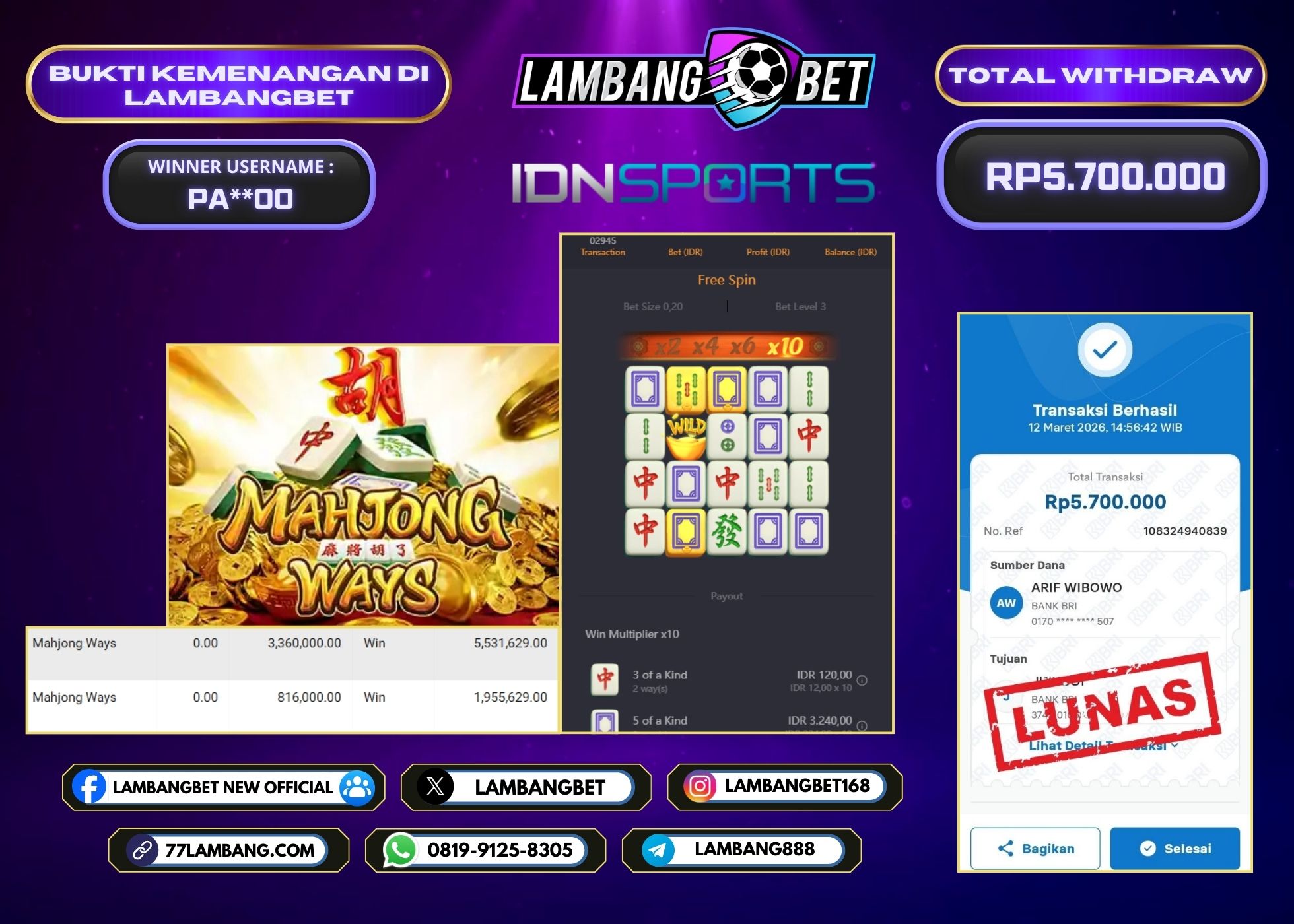 LAMBANGBET [12 MARET 2026] JACKPOT SLOT Mahjong Ways "Rp5.700.000" LUNAS